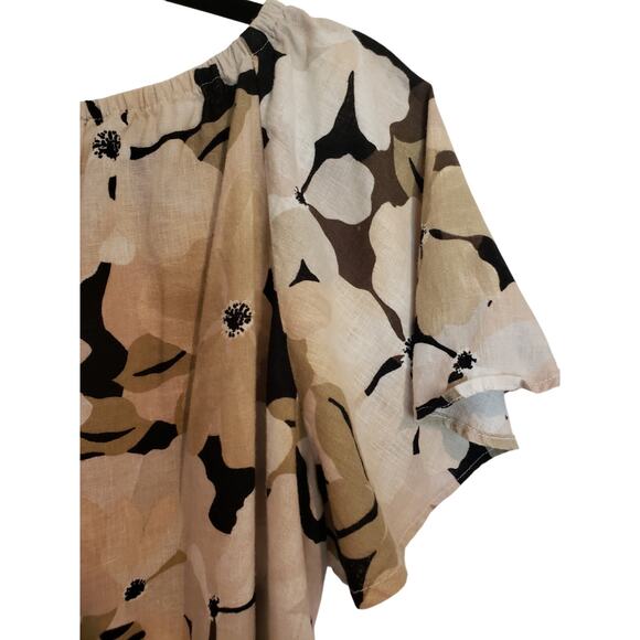 Terra and Sky Tan Black Floral Linen Blend Peasant Blouse Ruffle 0X 14W - Picture 7 of 7